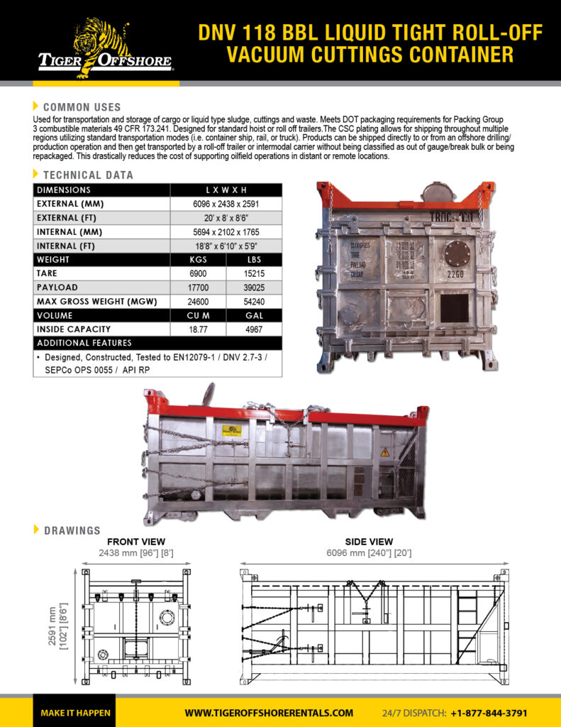 DNV 118 bbl Liquid Tight Roll-off Vacuum Cuttings Container
