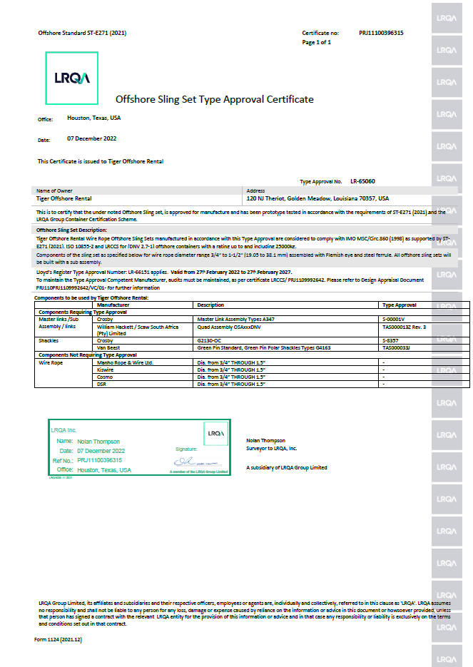 Tiger Offshore Rentals ISO Certification GoM