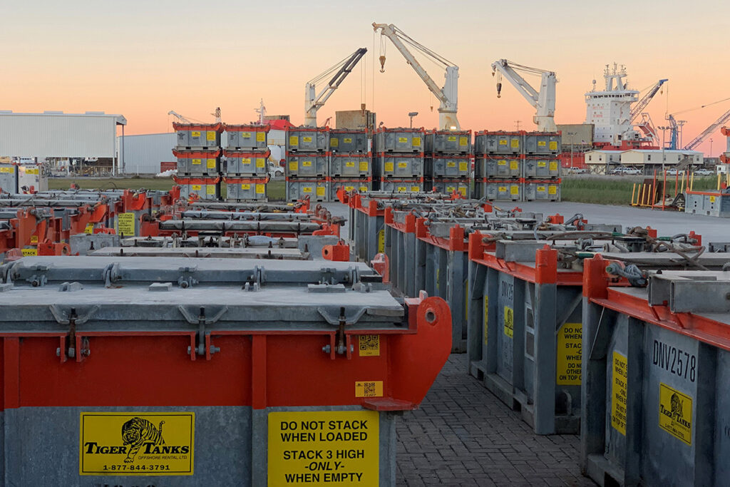 Tiger Offshore Rentals Fourchon 15 bbl Cuttings Boxes at Sunset